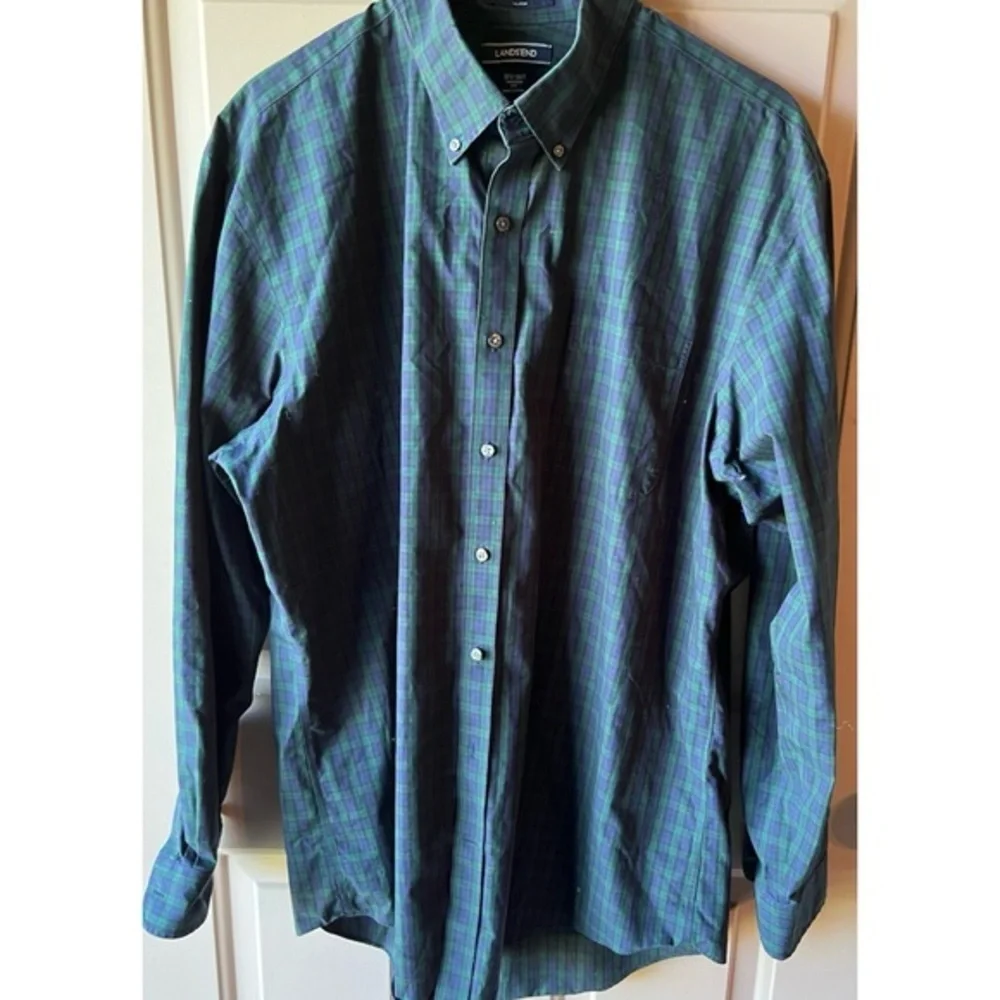 Land's End Mens Black Watch Plaid Tailor Fit Button Down Shirt 17.5/36T EUC #826